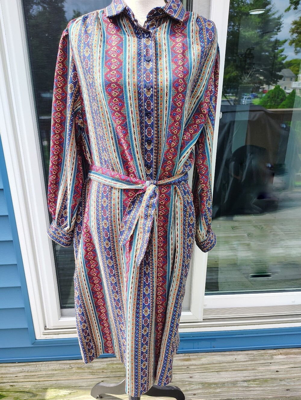 Vintage ILGWU Schrader Sport Geometric Aztec Stripe Midi Shirt Dress 70s 80s